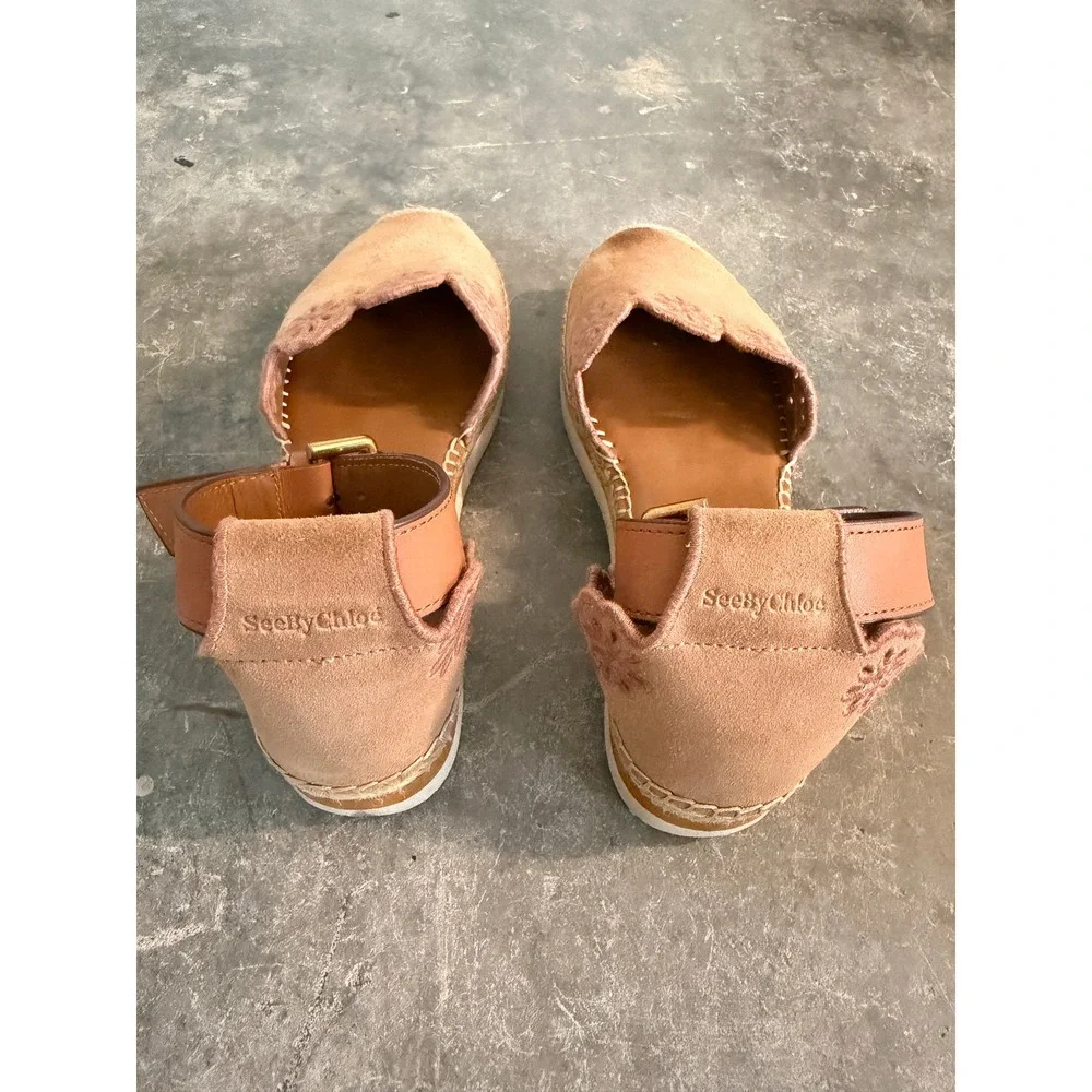 See By Chloe Glyn Suede Scalloped Espadrille Platform Ankle Strap Sandals Tan 36